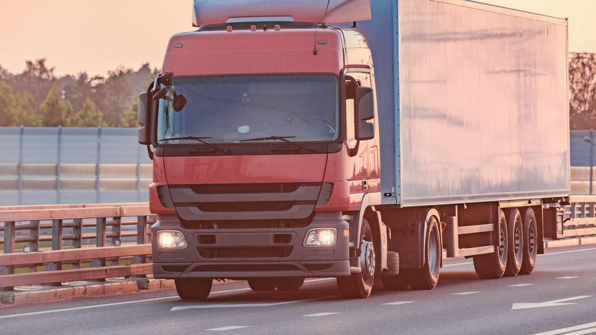 Un camión semirremolque rojo y azul circula por una autopista.