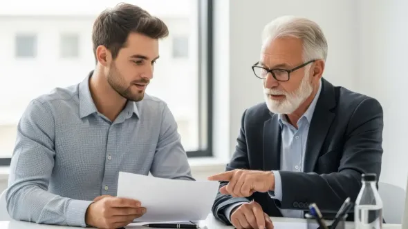 Dos profesionales en una oficina luminosa revisan un documento, uno de ellos gesticulando mientras comentan su contenido.
