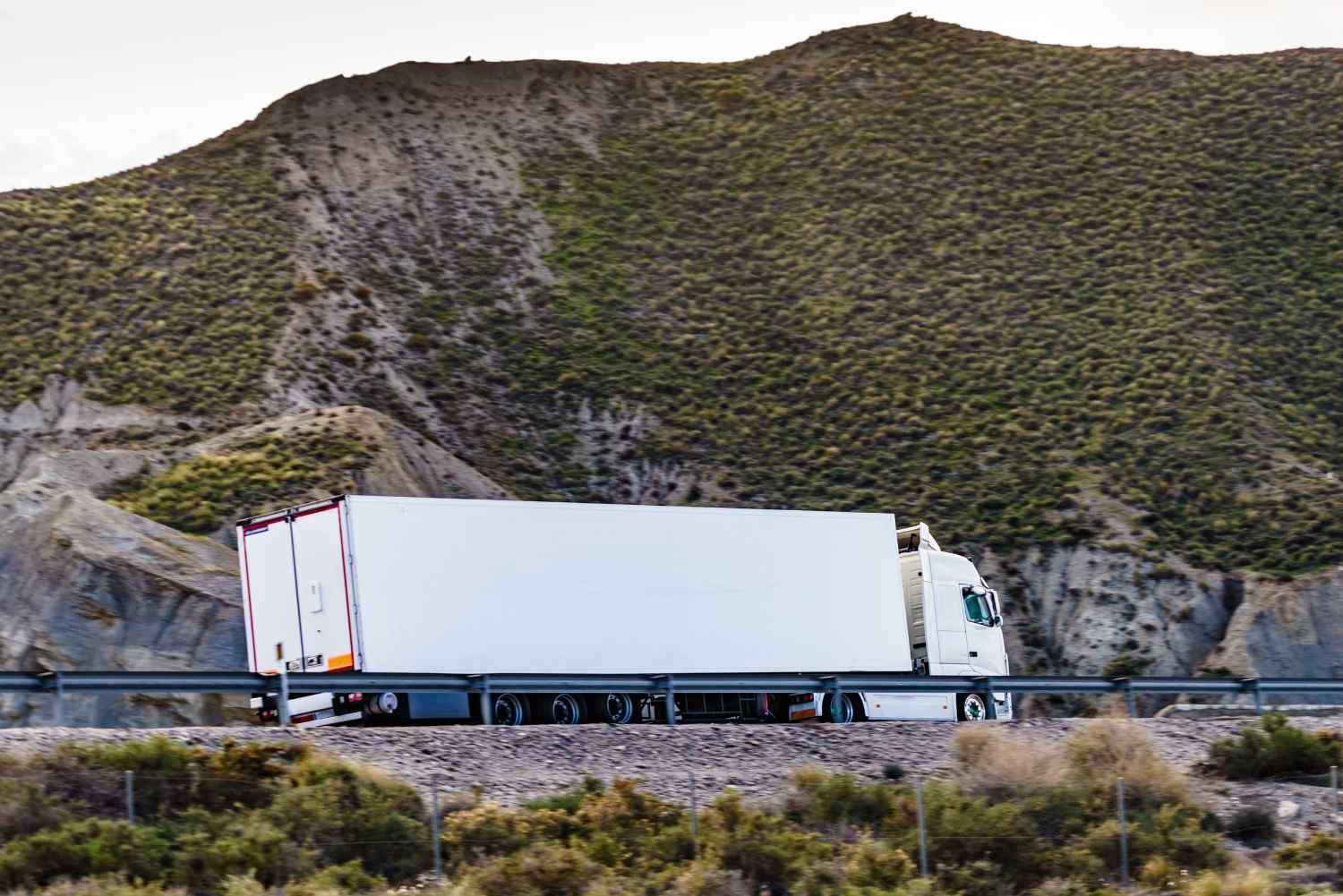 Camión semirremolque blanco circulando por una carretera junto a una ladera con escasa vegetación verde.