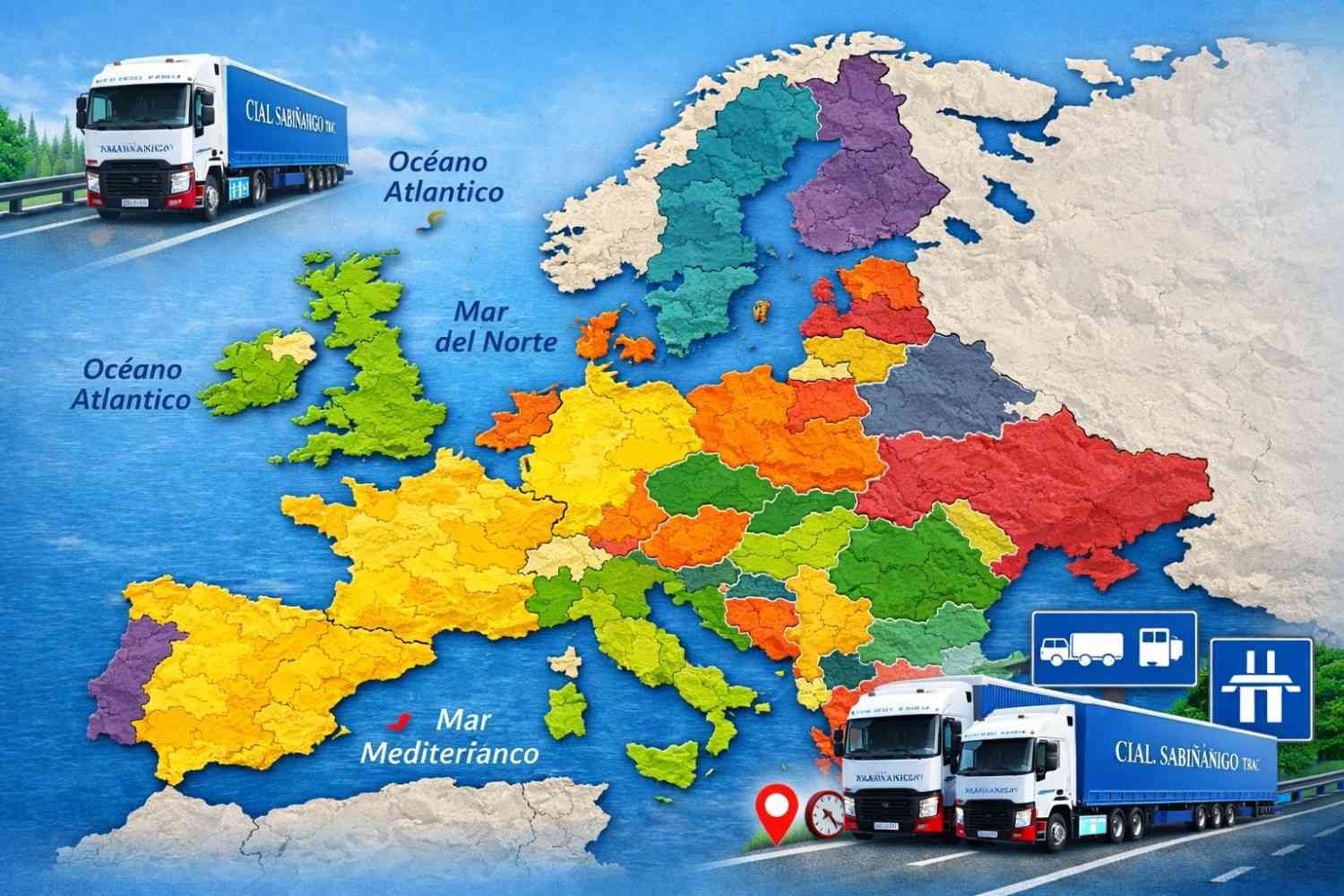 Camión estacionado frente a un gran edificio con ventanas arqueadas, posiblemente entregando. Calle mojada.