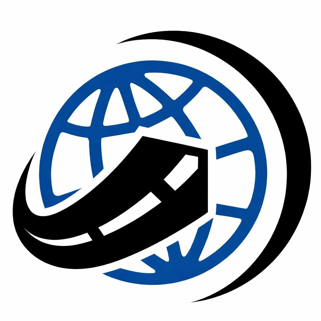 Camino negro que se extiende alrededor de un globo azul, con una media luna negra.