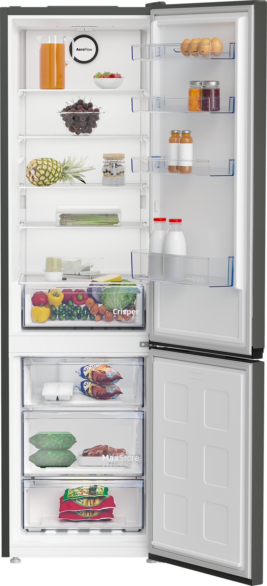 Refrigerador gris de dos puertas con congelador inferior, mostrado de frente sobre un fondo blanco.