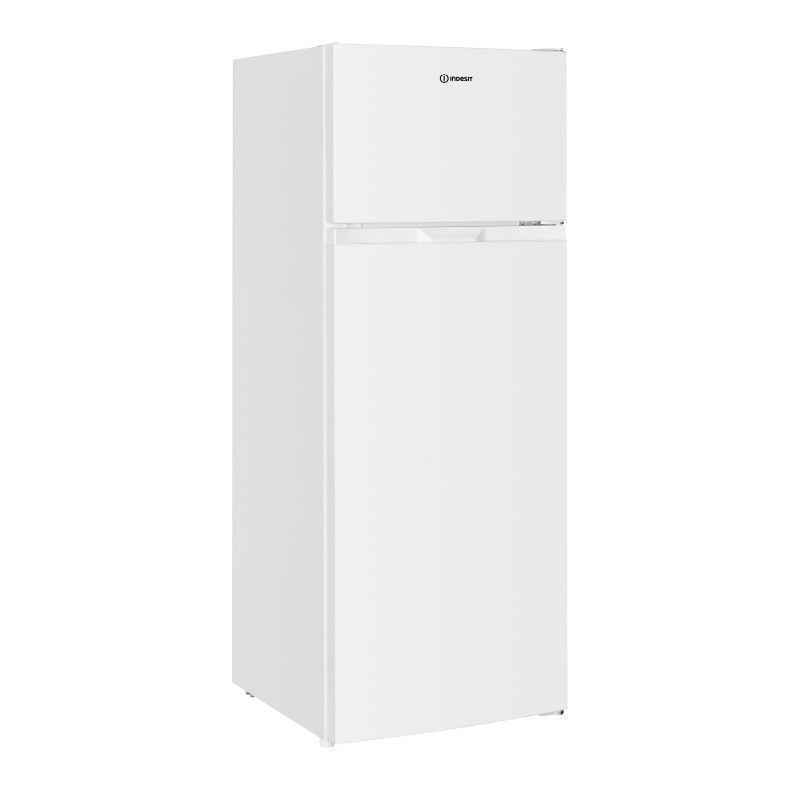 Refrigerador blanco con congelador superior sobre fondo blanco