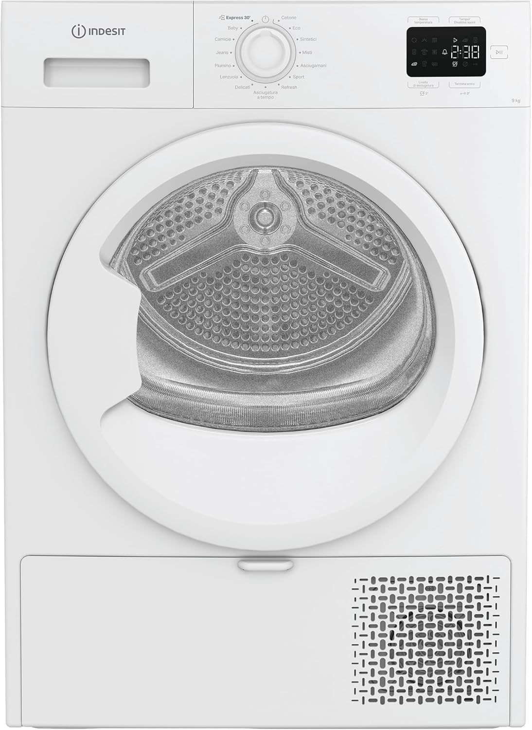 Secadora blanca de carga frontal con puerta circular de cristal y panel de control digital.