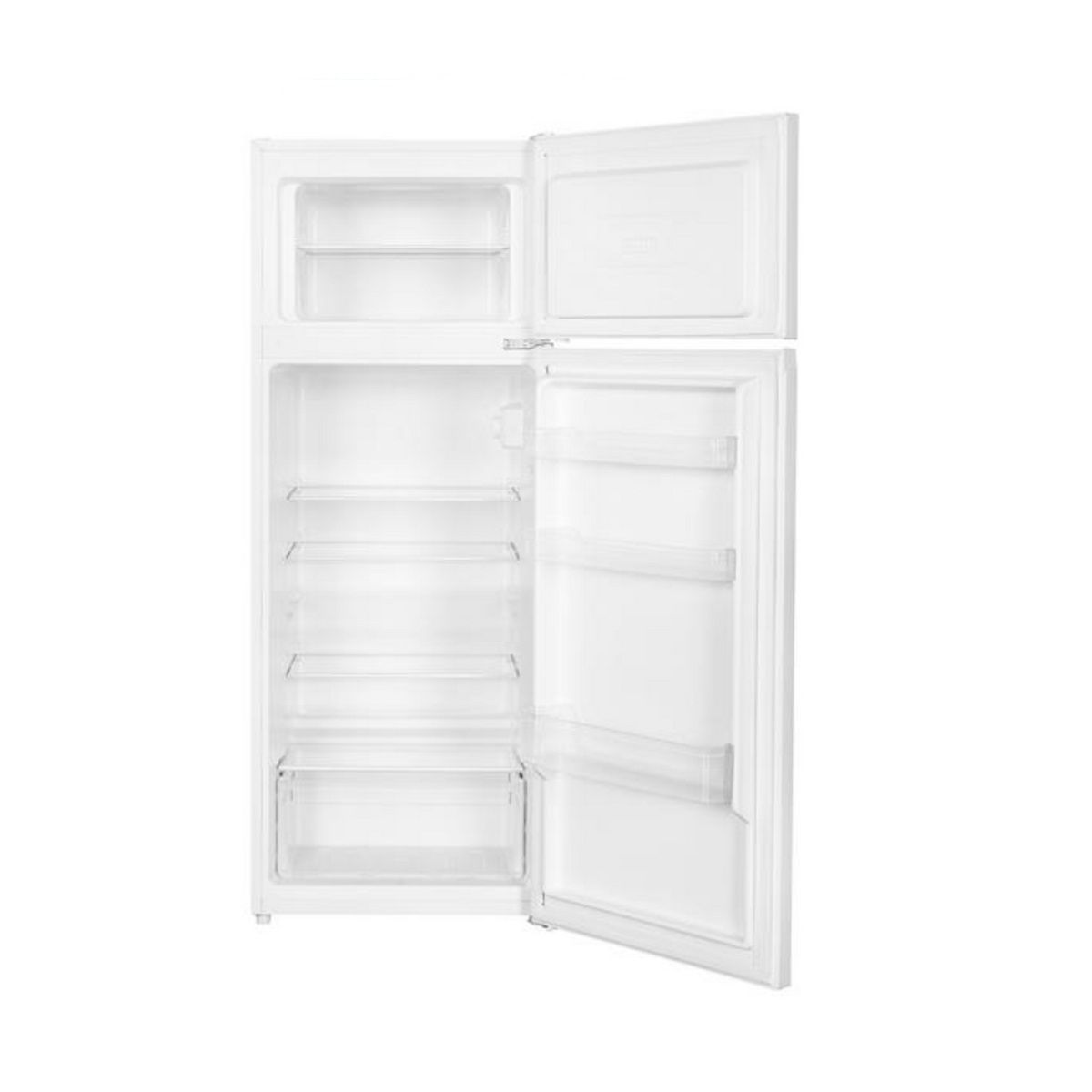 Refrigerador blanco con congelador superior sobre fondo blanco