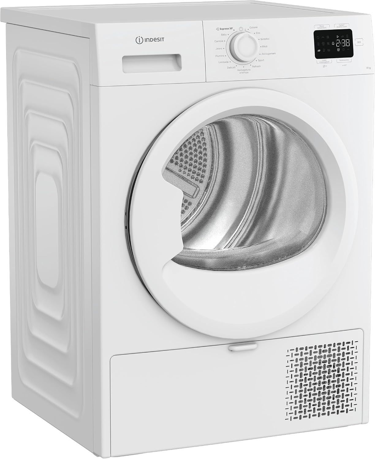Secadora blanca de carga frontal con puerta circular de cristal y panel de control digital.