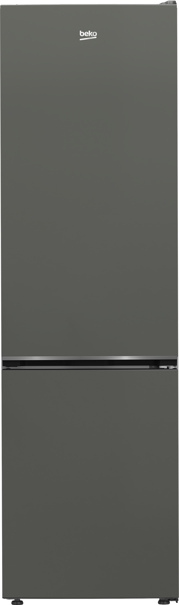 Refrigerador gris de dos puertas con congelador inferior, mostrado de frente sobre un fondo blanco.