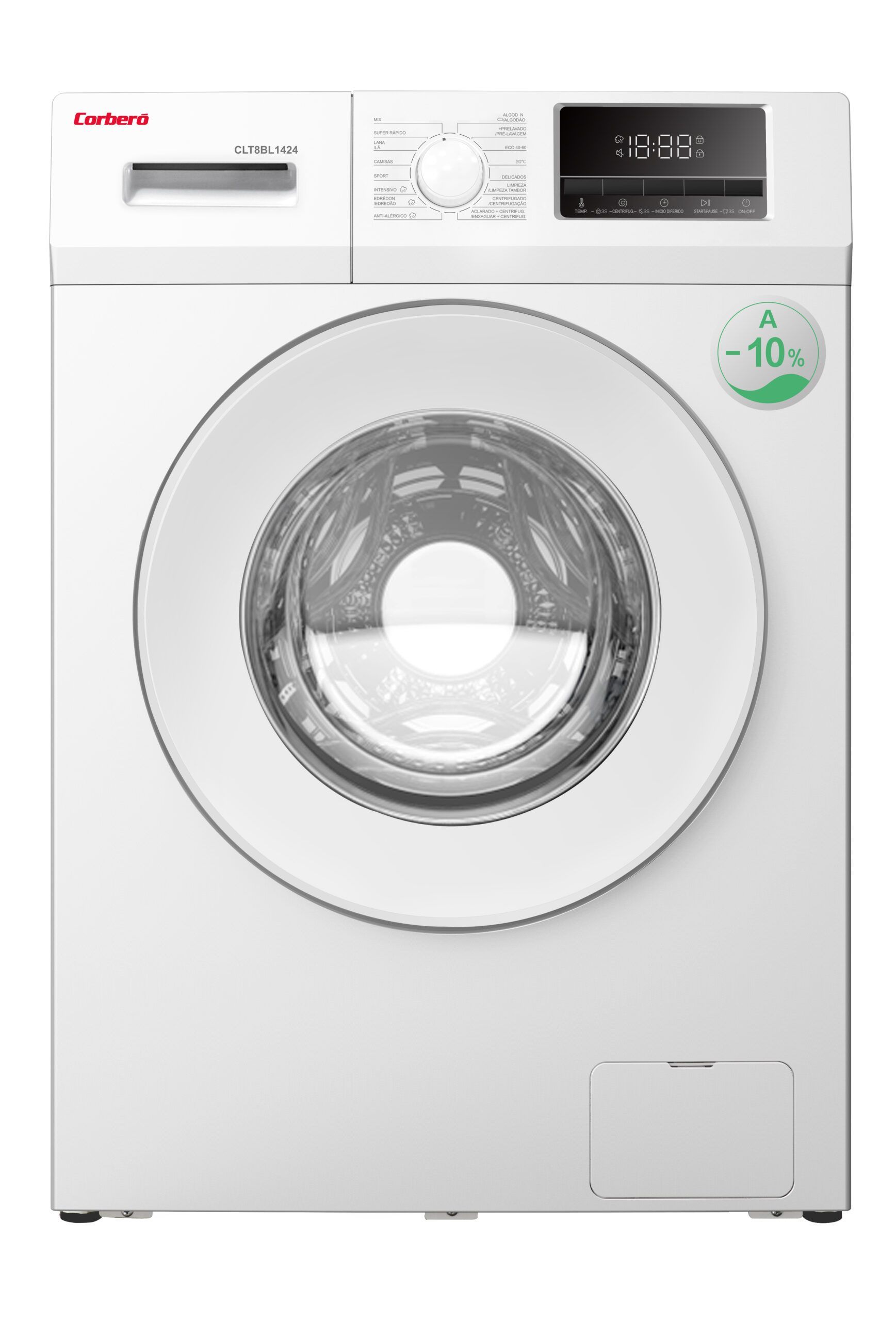 Lavadora blanca de carga frontal con puerta circular y panel de control digital.