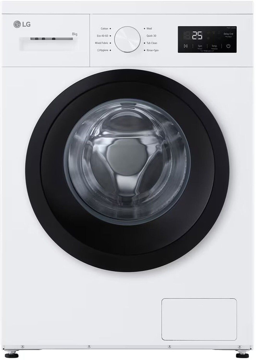 Lavadora LG de carga frontal blanca con puerta negra y panel de control digital.