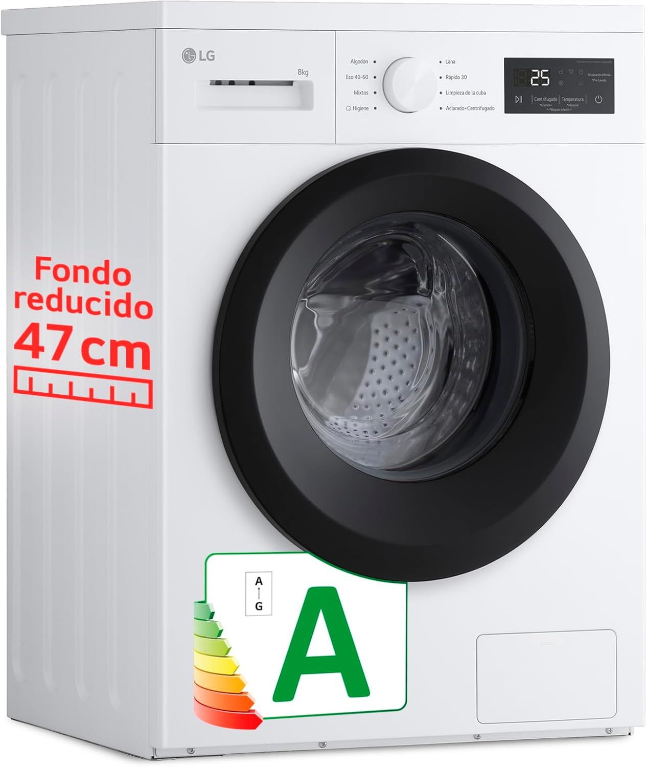 Lavadora LG de carga frontal blanca con puerta negra y panel de control digital.