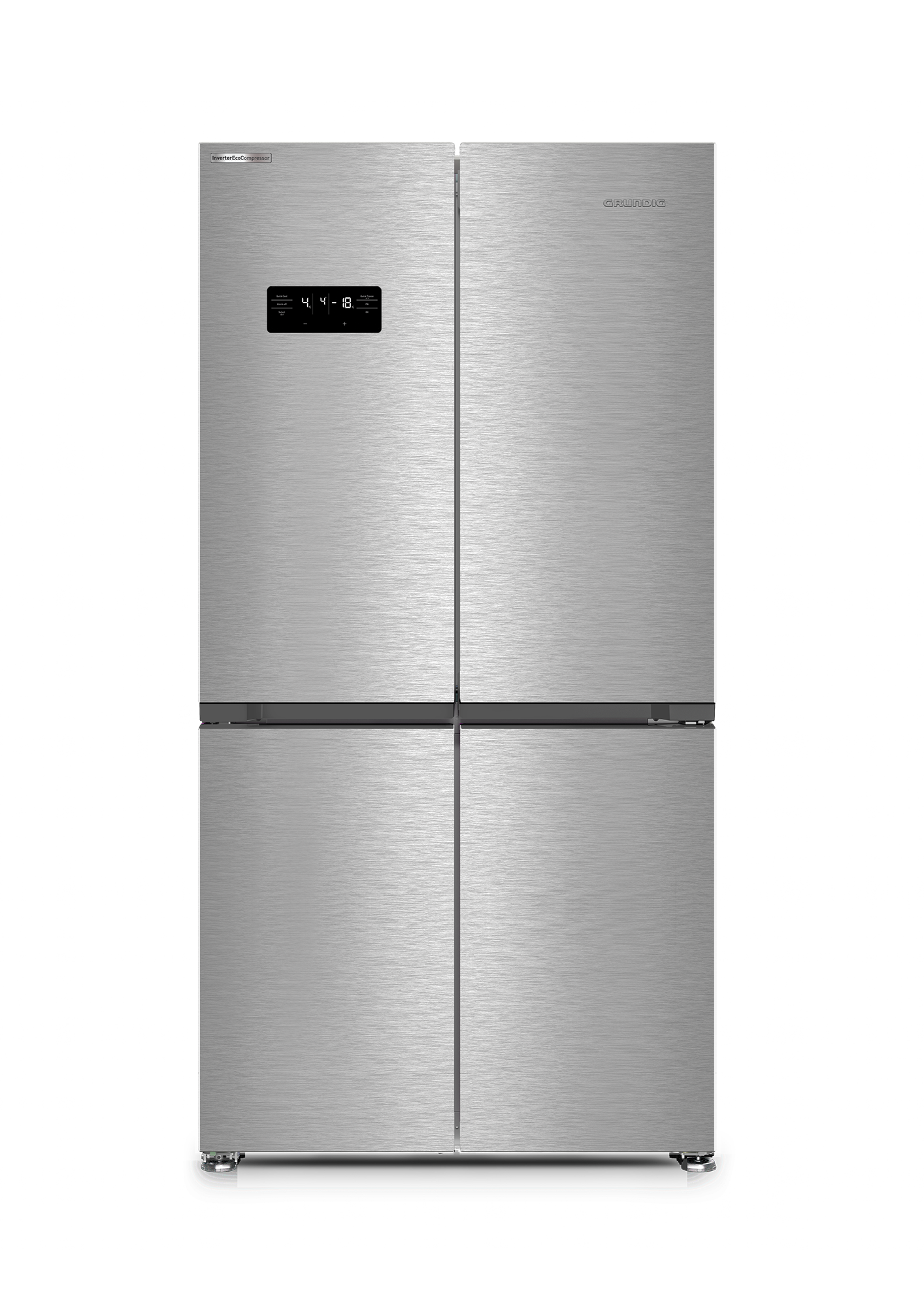 Refrigerador plateado de cuatro puertas con panel de control negro sobre fondo blanco.