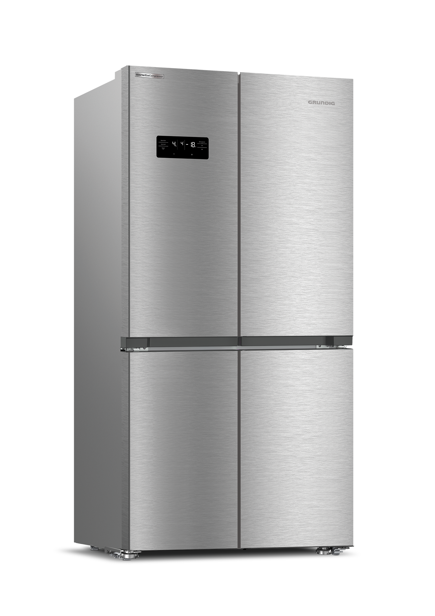 Refrigerador plateado de cuatro puertas con panel de control negro sobre fondo blanco.