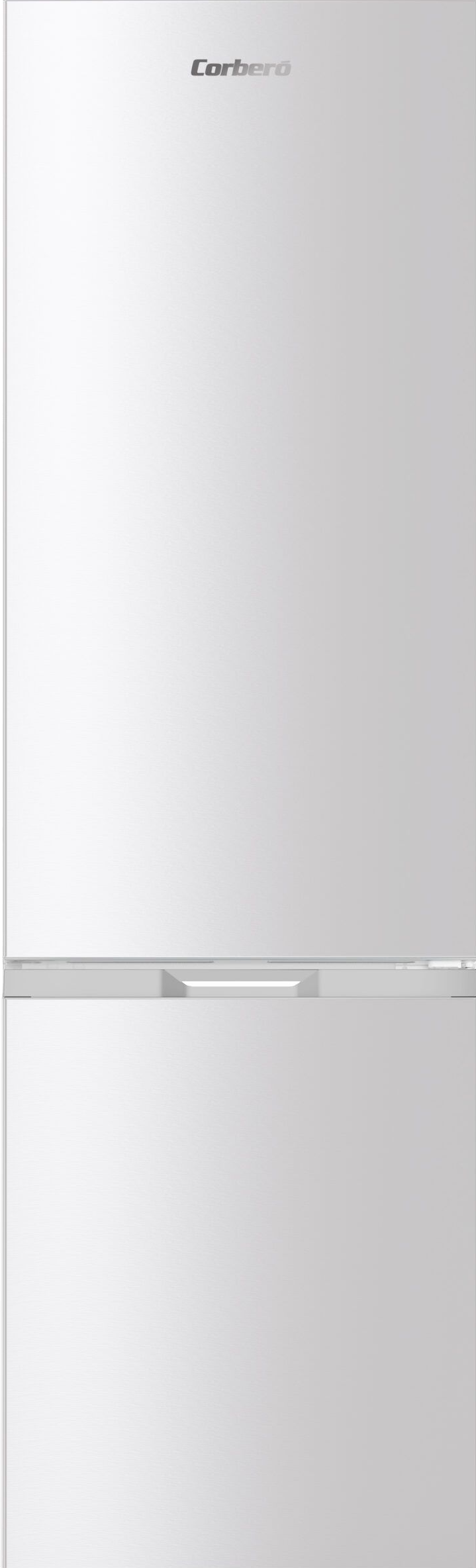Refrigerador blanco con congelador superior y tirador horizontal sobre fondo liso.