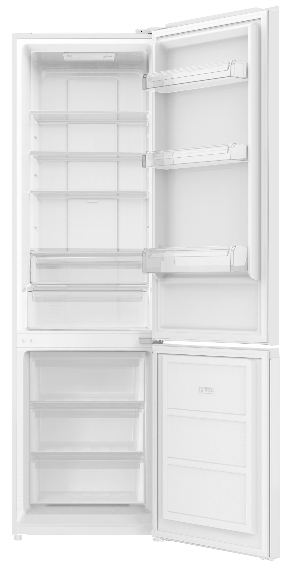 Refrigerador blanco con congelador superior y tirador horizontal sobre fondo liso.