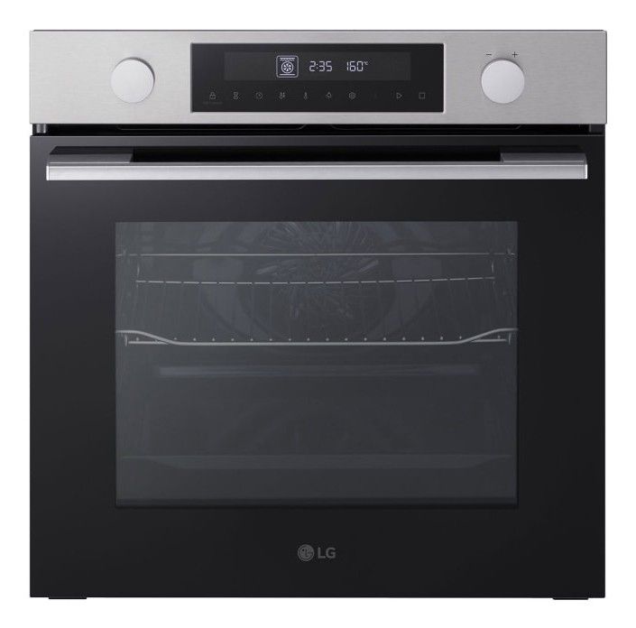 Horno de pared LG de acero inoxidable negro con panel de control digital y dos perillas.