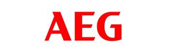 El logotipo de AEG es rojo sobre un fondo blanco.