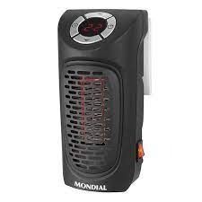 Un calentador portátil negro con una pantalla digital sobre un fondo blanco.