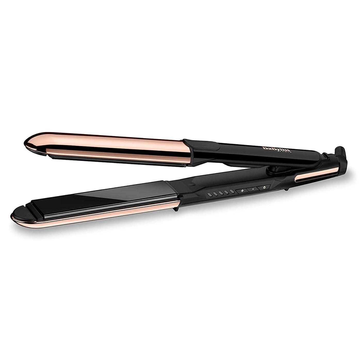 Una plancha de pelo de color negro y oro rosa sobre un fondo blanco.