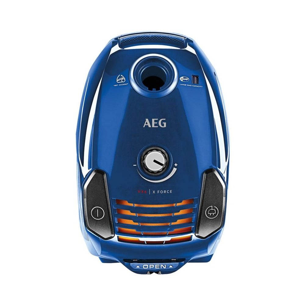 Una aspiradora AEG azul sobre un fondo blanco.