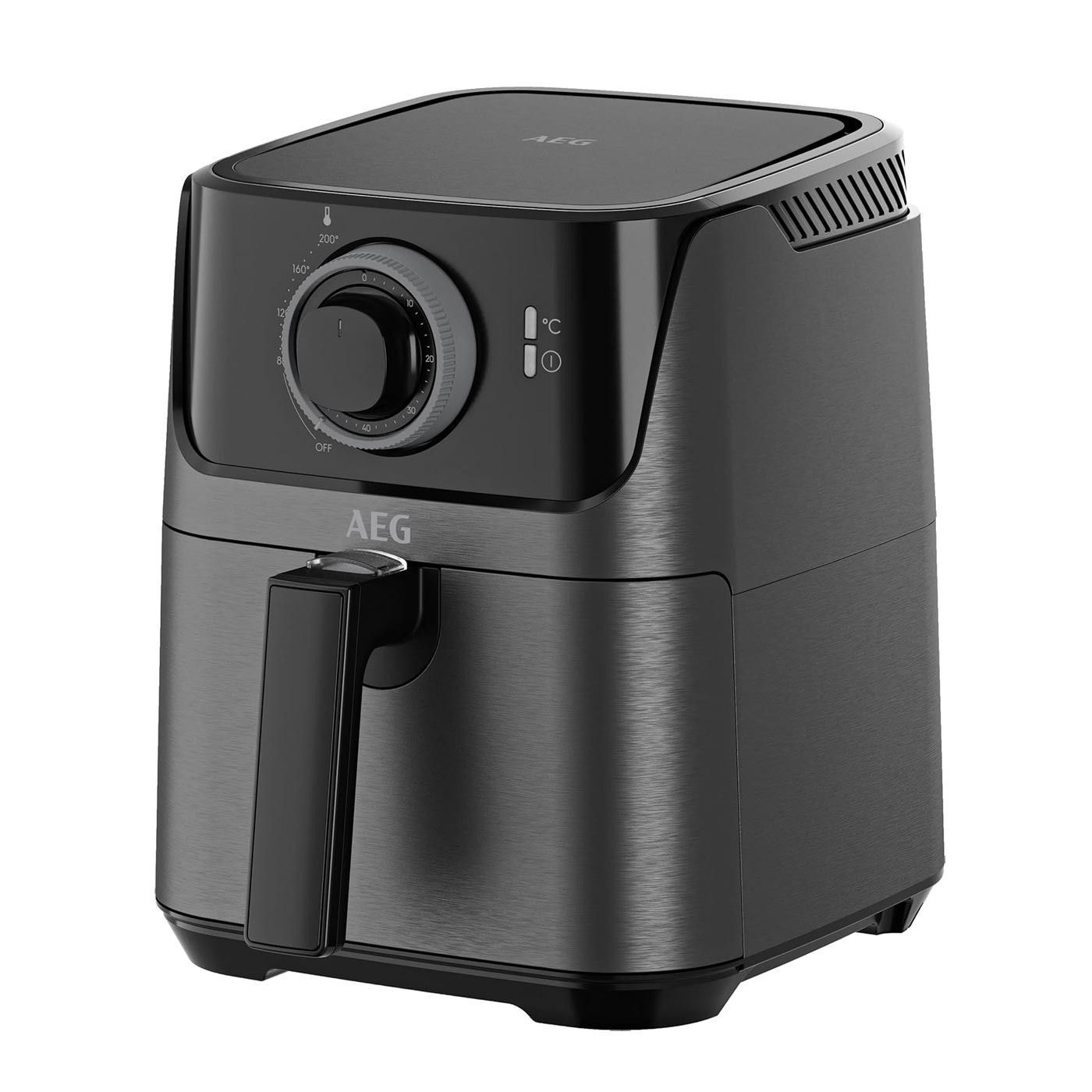 Una freidora de aire negra con asa sobre un fondo blanco.