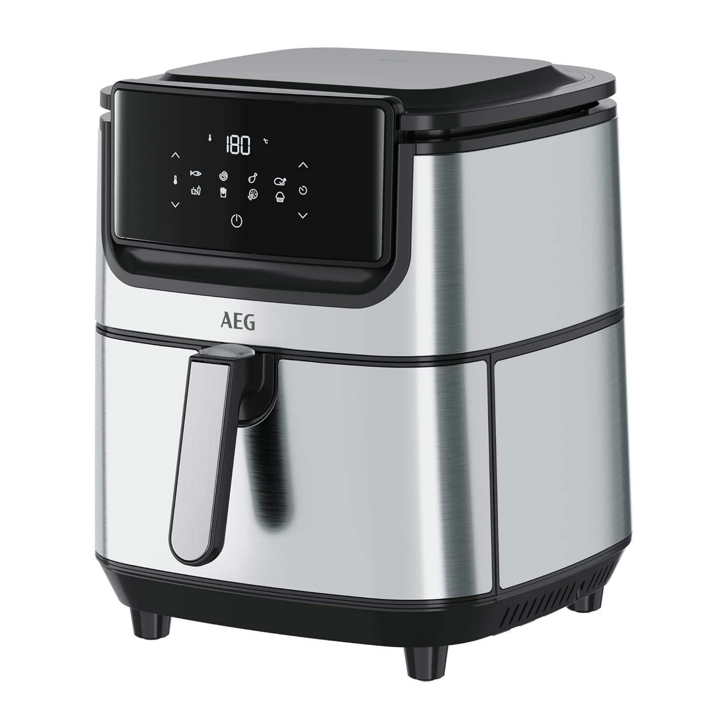 Una freidora de aire de acero inoxidable con pantalla digital sobre fondo blanco.