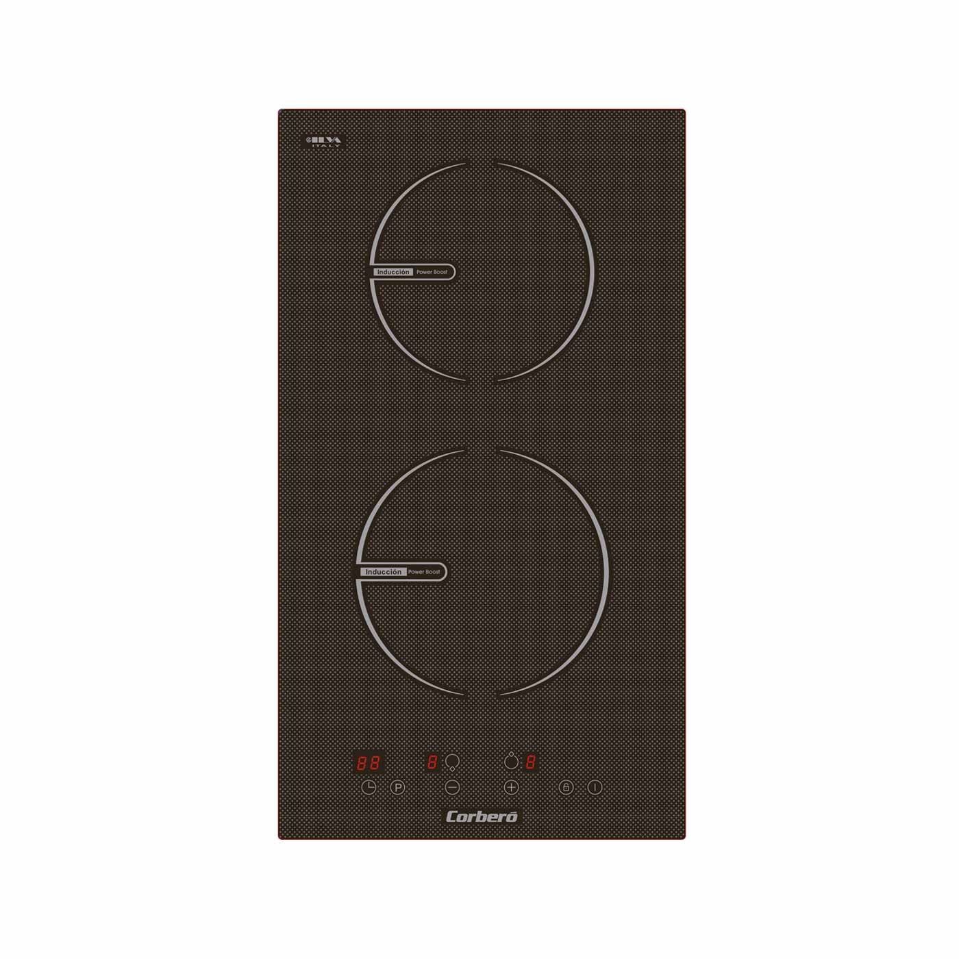 Una placa de inducción de color negro con dos círculos sobre un fondo blanco.