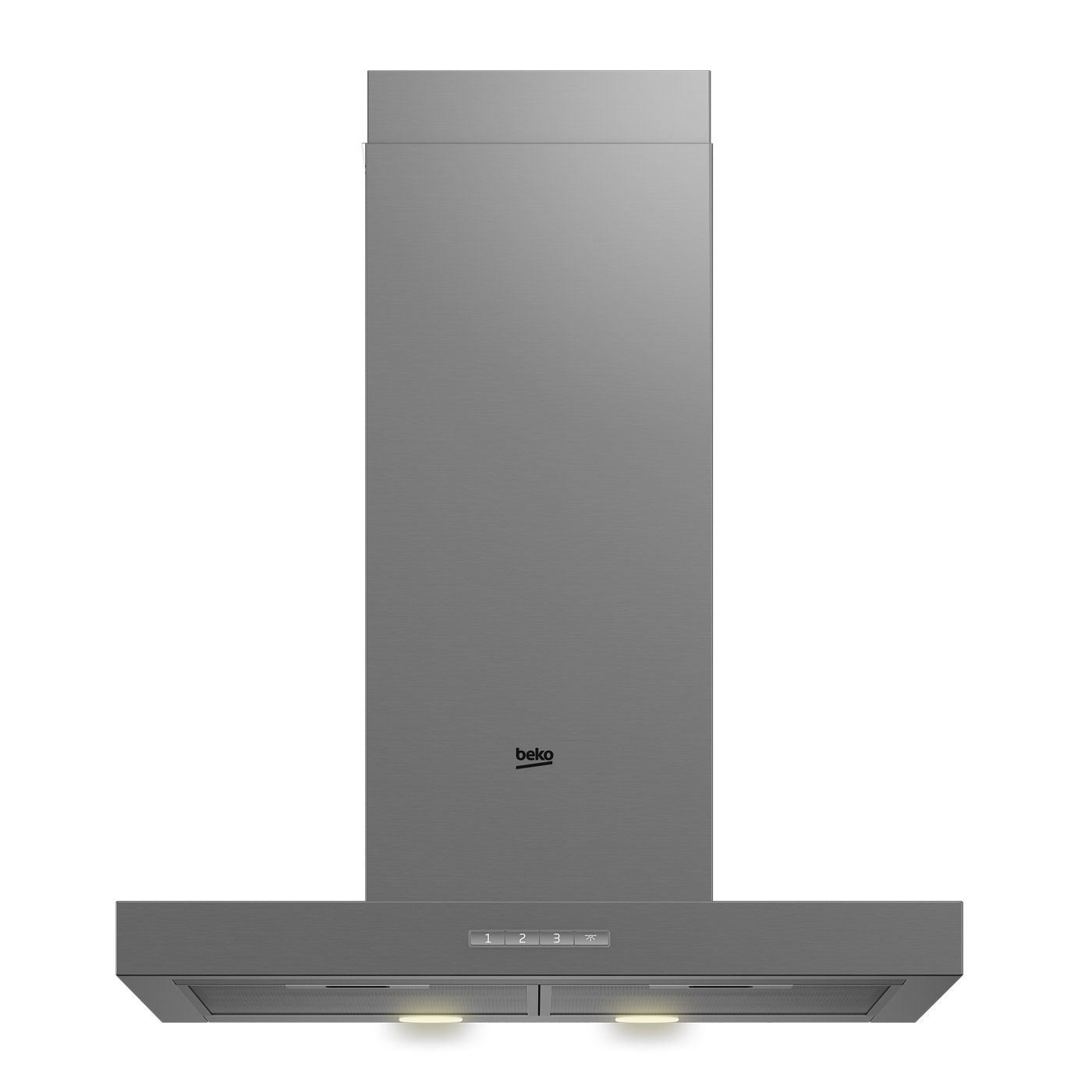 Una campana de acero inoxidable con el logotipo de Beko.