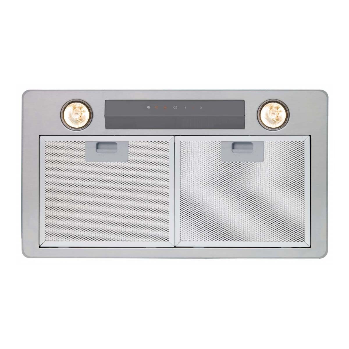 Una campana de acero inoxidable con dos luces y un filtro sobre fondo blanco.