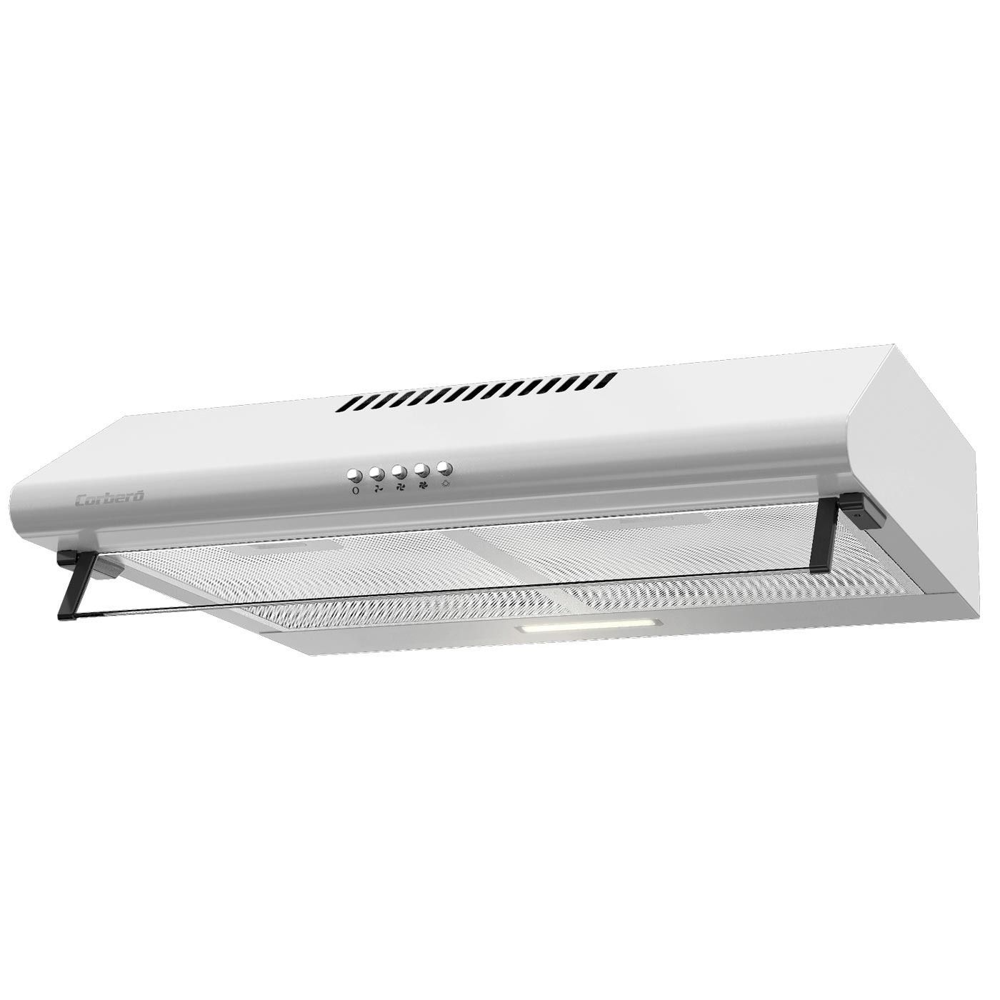 Una campana blanca con un filtro de acero inoxidable sobre un fondo blanco.