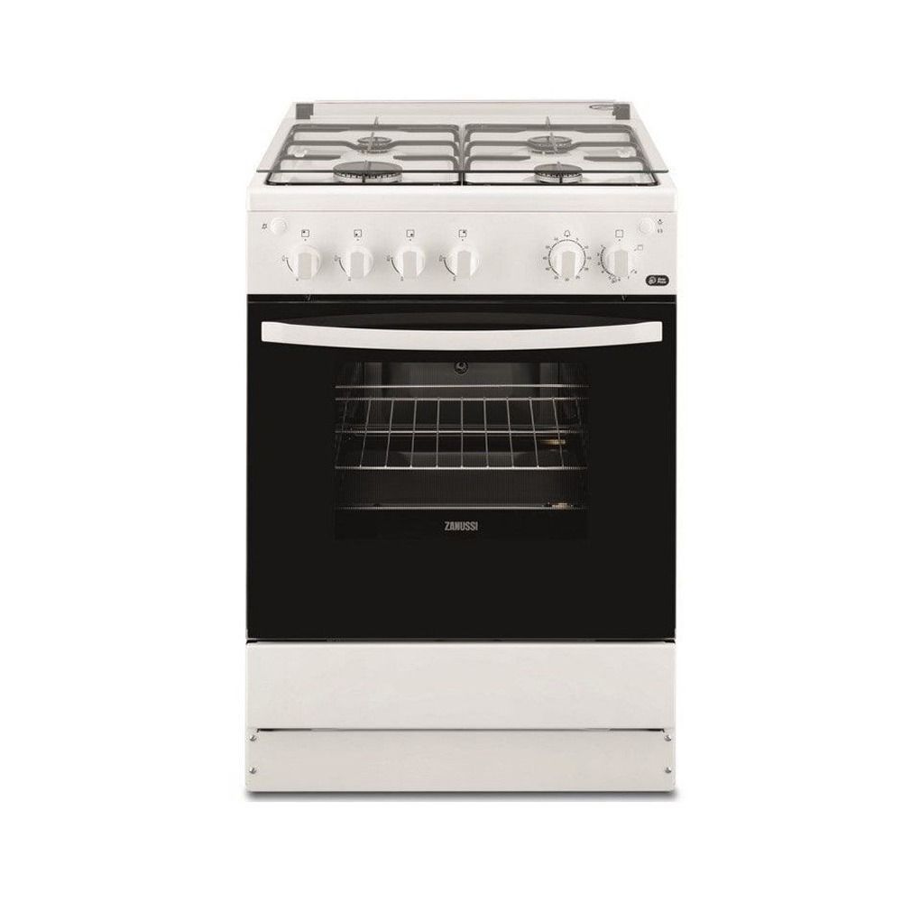 Una estufa de gas blanca con un horno negro sobre un fondo blanco.