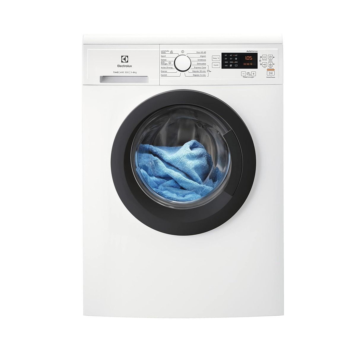 Una lavadora blanca con una manta azul dentro