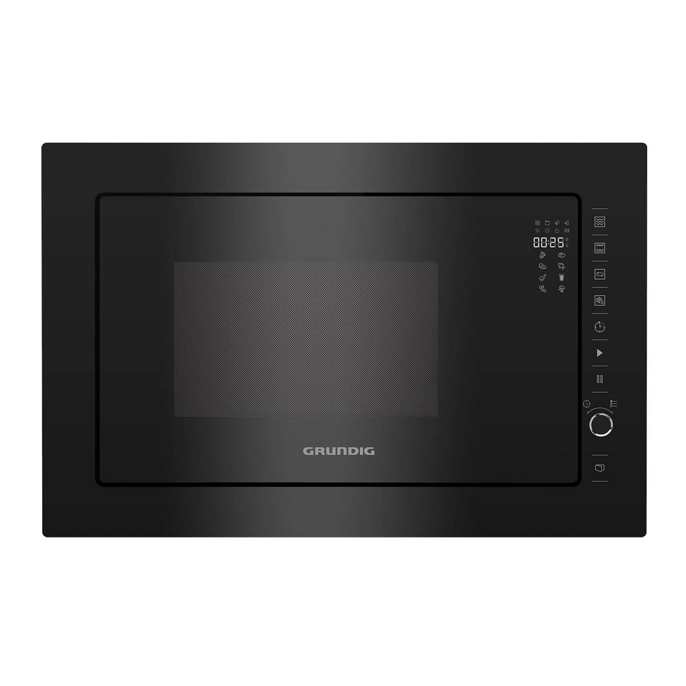 Un horno microondas negro está sobre un mostrador blanco.