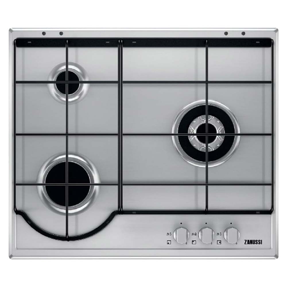 Una estufa de gas de acero inoxidable con tres quemadores