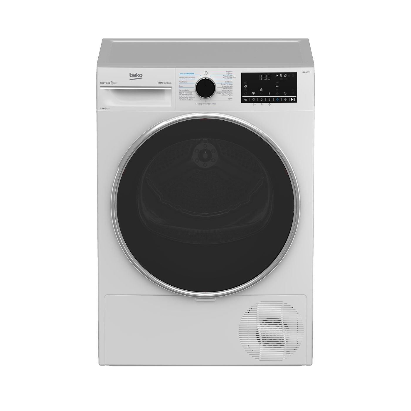 Una secadora blanca con una puerta negra sobre un fondo blanco.