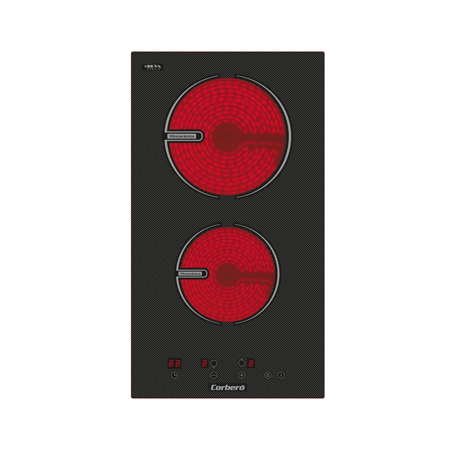 Un horno de estufa con dos quemadores rojos sobre un fondo blanco.