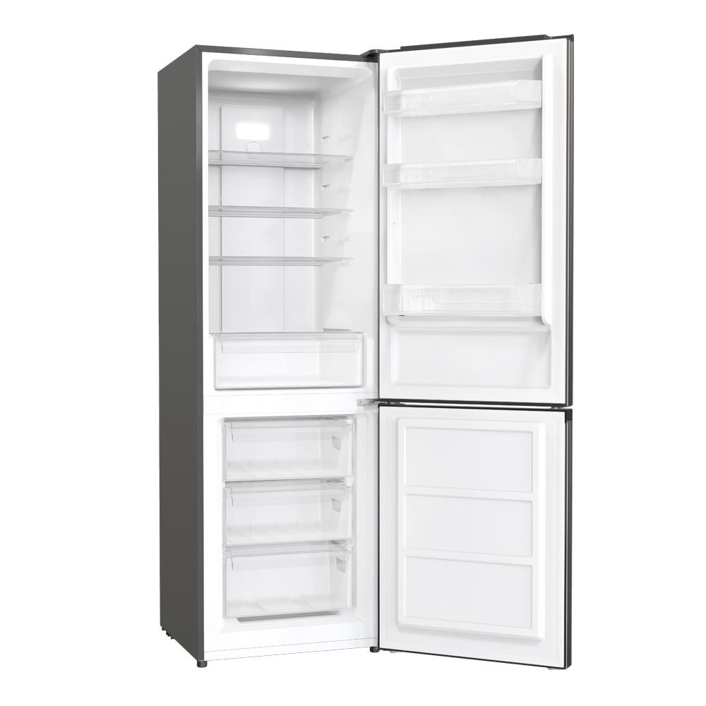 Un frigorífico-congelador de acero inoxidable sobre un fondo blanco.