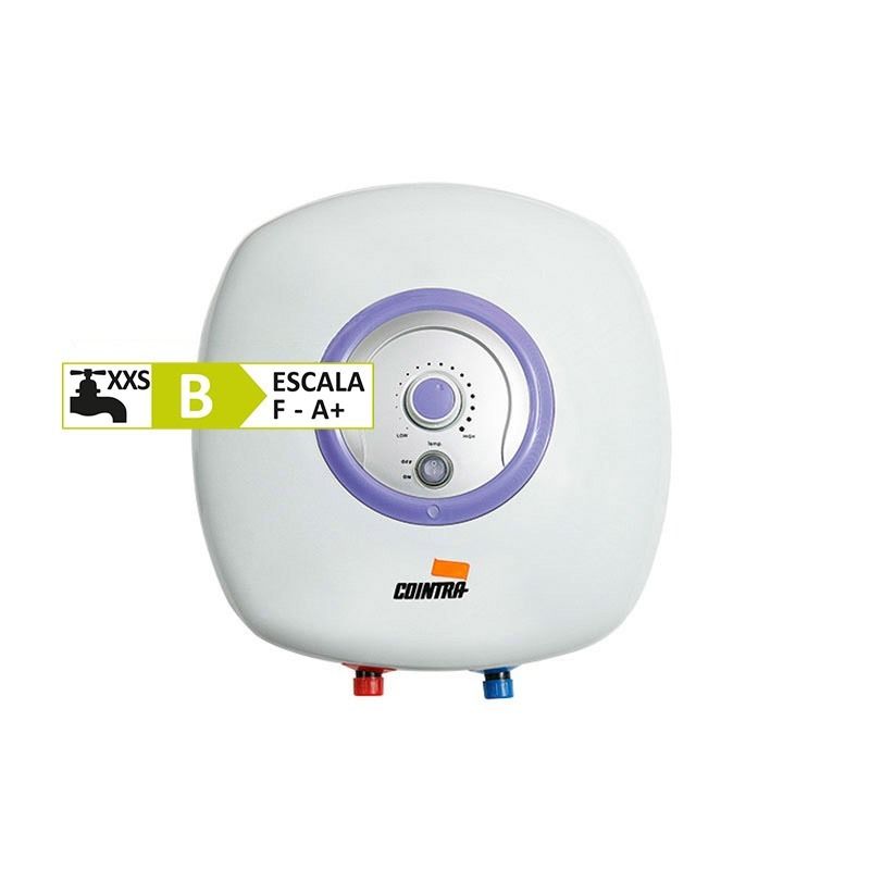 Un calentador de agua blanco con un círculo morado alrededor.