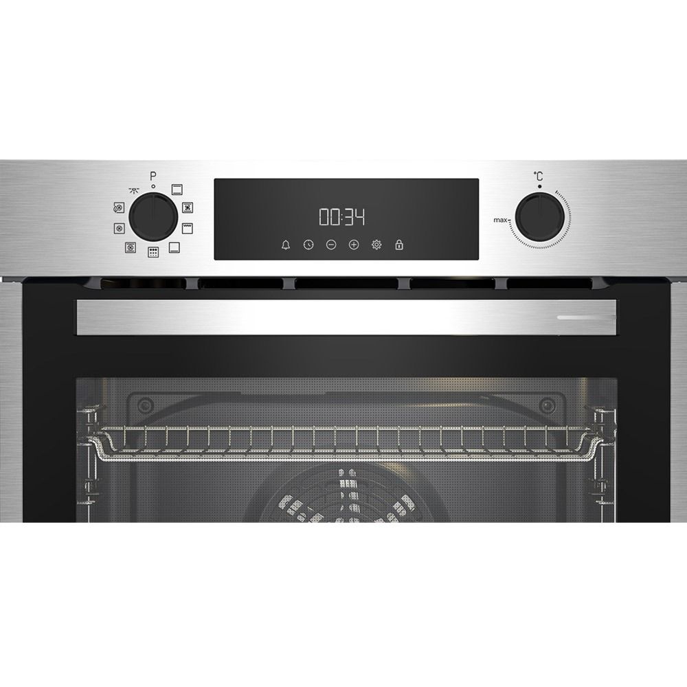 Un horno de acero inoxidable con una pantalla digital en el frente.