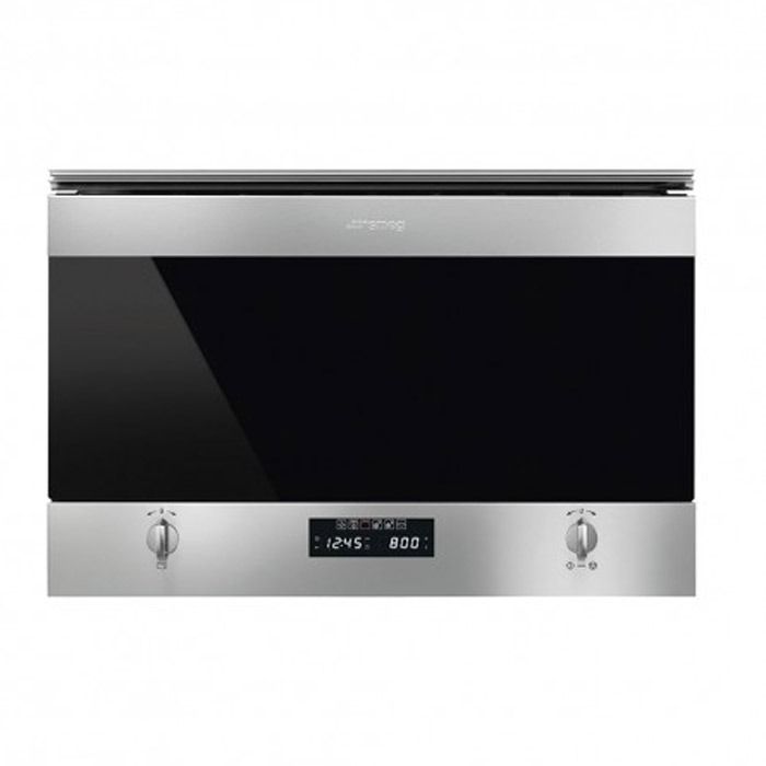 Un horno microondas de acero inoxidable con puerta de vidrio negro.