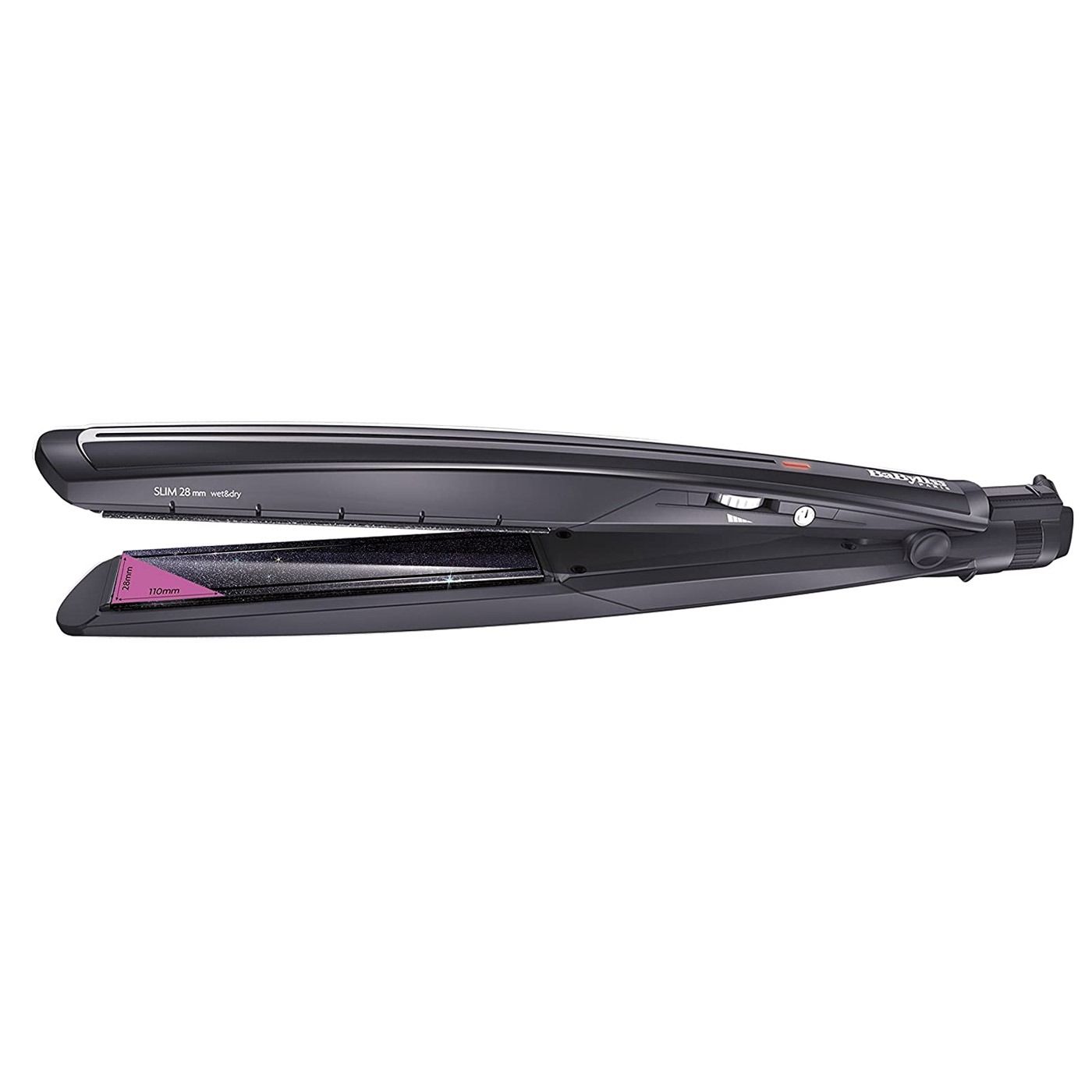 Una plancha de pelo negra y rosa sobre un fondo blanco.