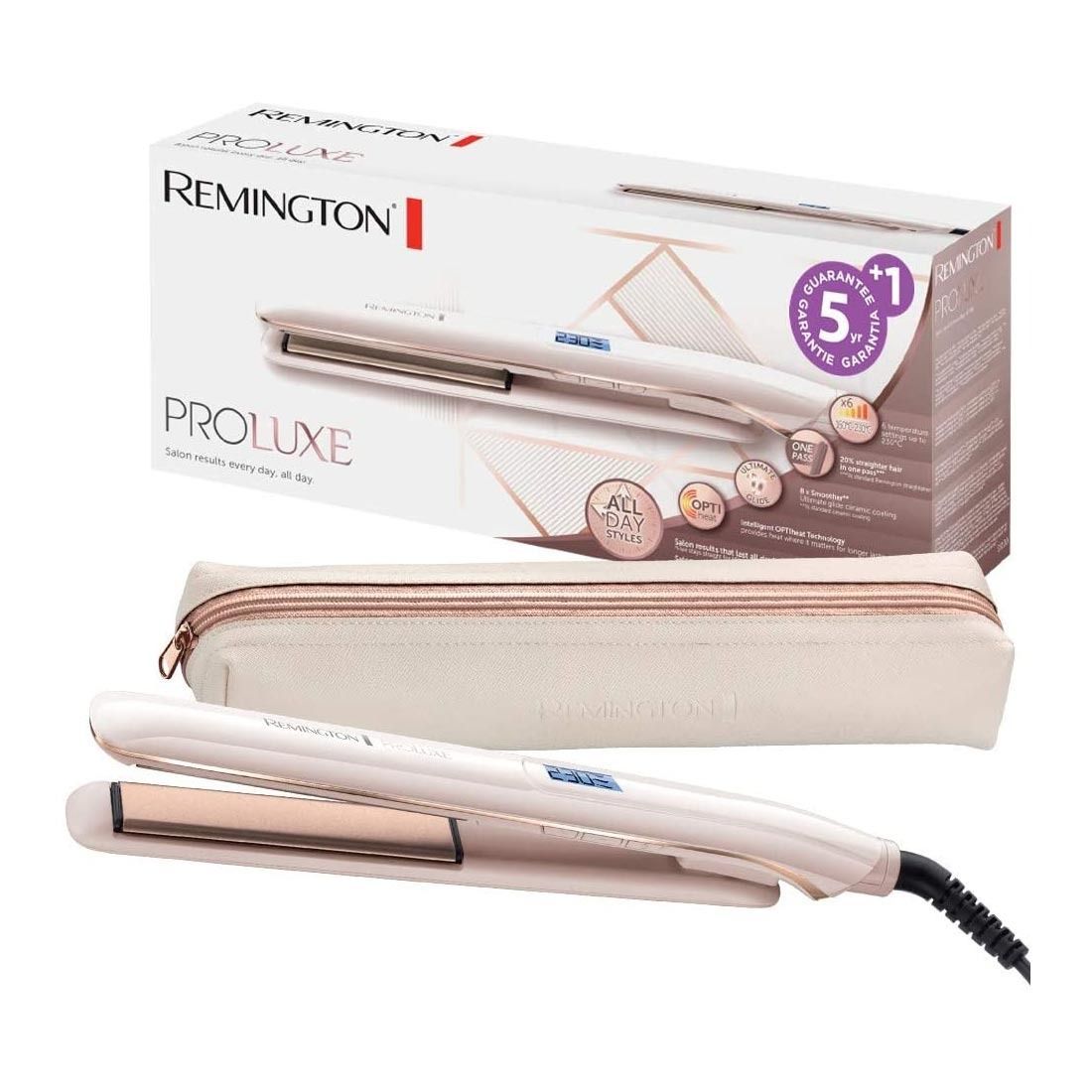 Una plancha de pelo Remington Proluxe con estuche.