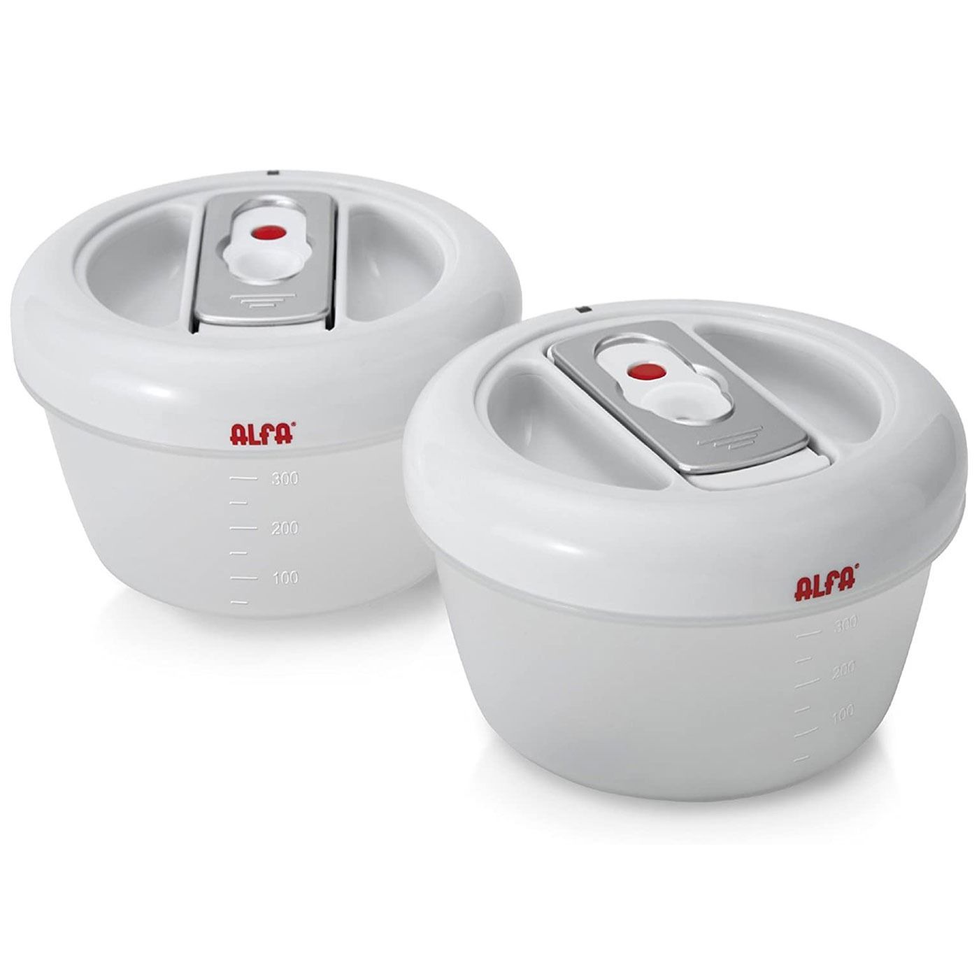 Dos contenedores alfa blancos están uno al lado del otro