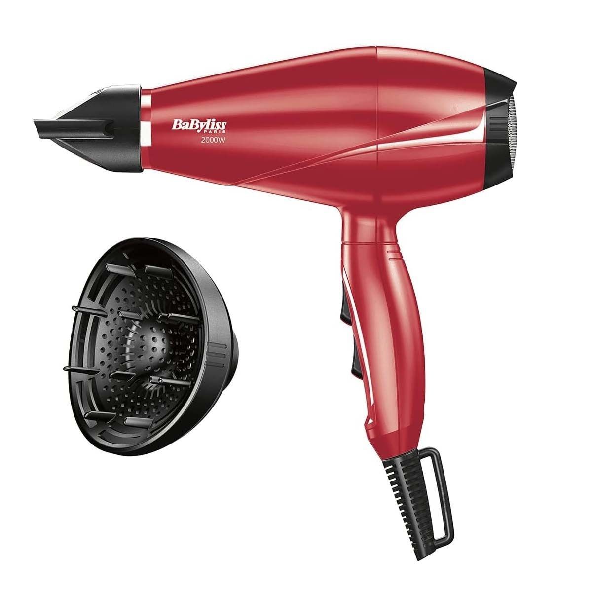 Un secador de pelo rojo con un difusor acoplado.