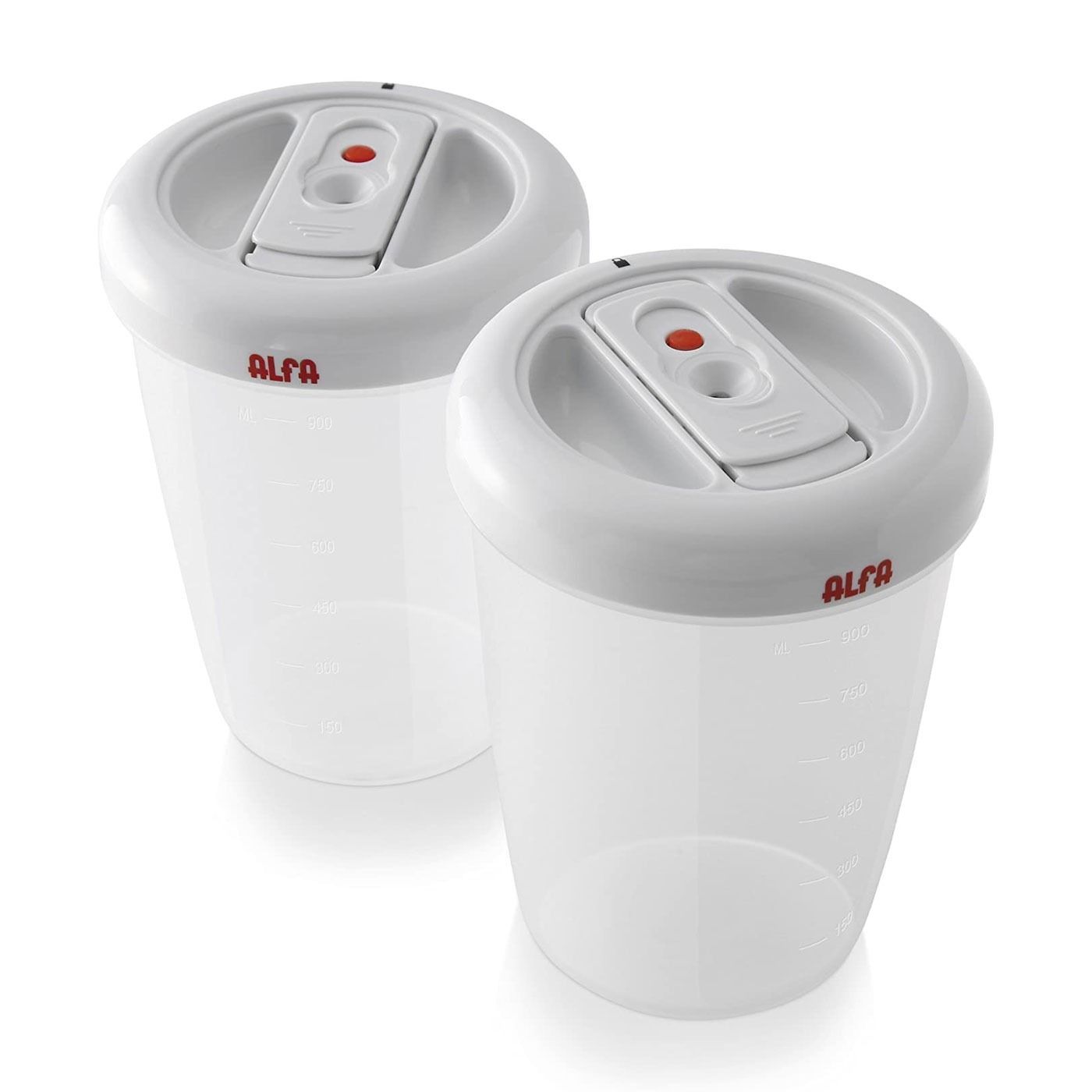 Dos recipientes transparentes con tapas blancas que dicen alfa.
