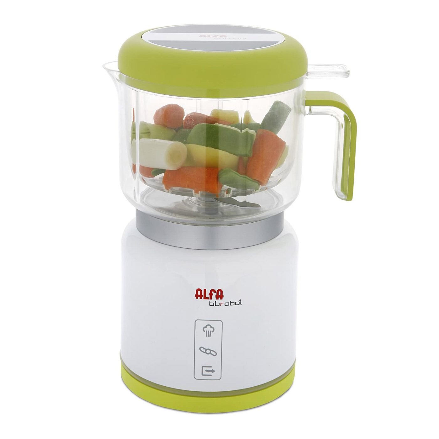 Una licuadora con verduras sobre un fondo blanco.