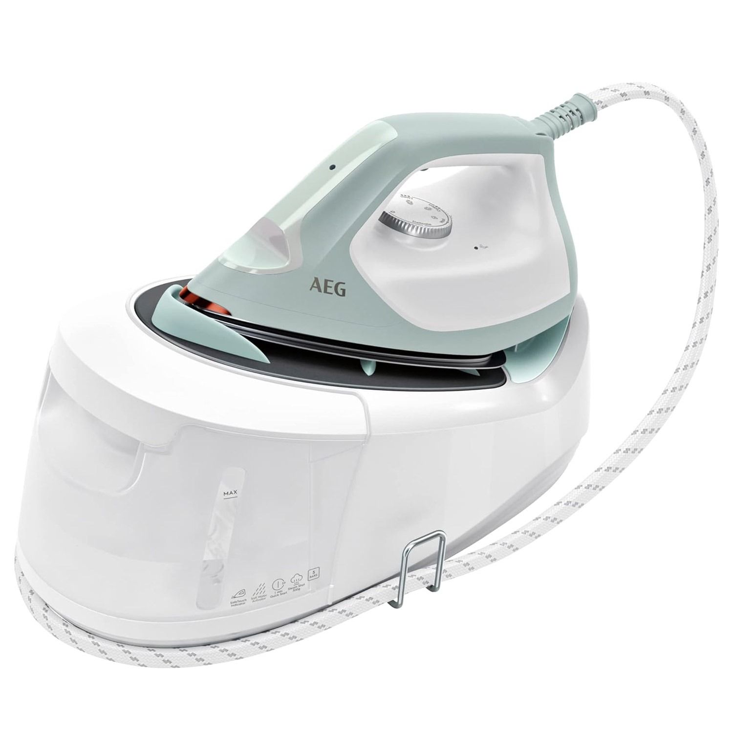 Una plancha blanca con un cordón unido a ella sobre un fondo blanco.