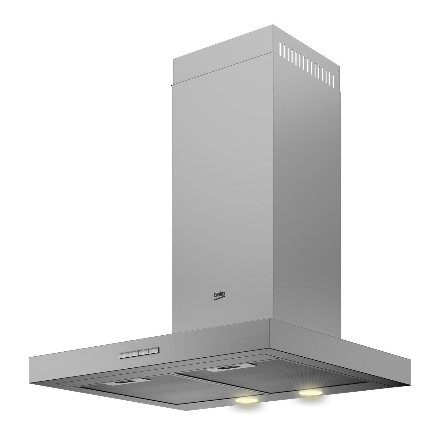 Una campana de acero inoxidable con el logotipo de Beko.