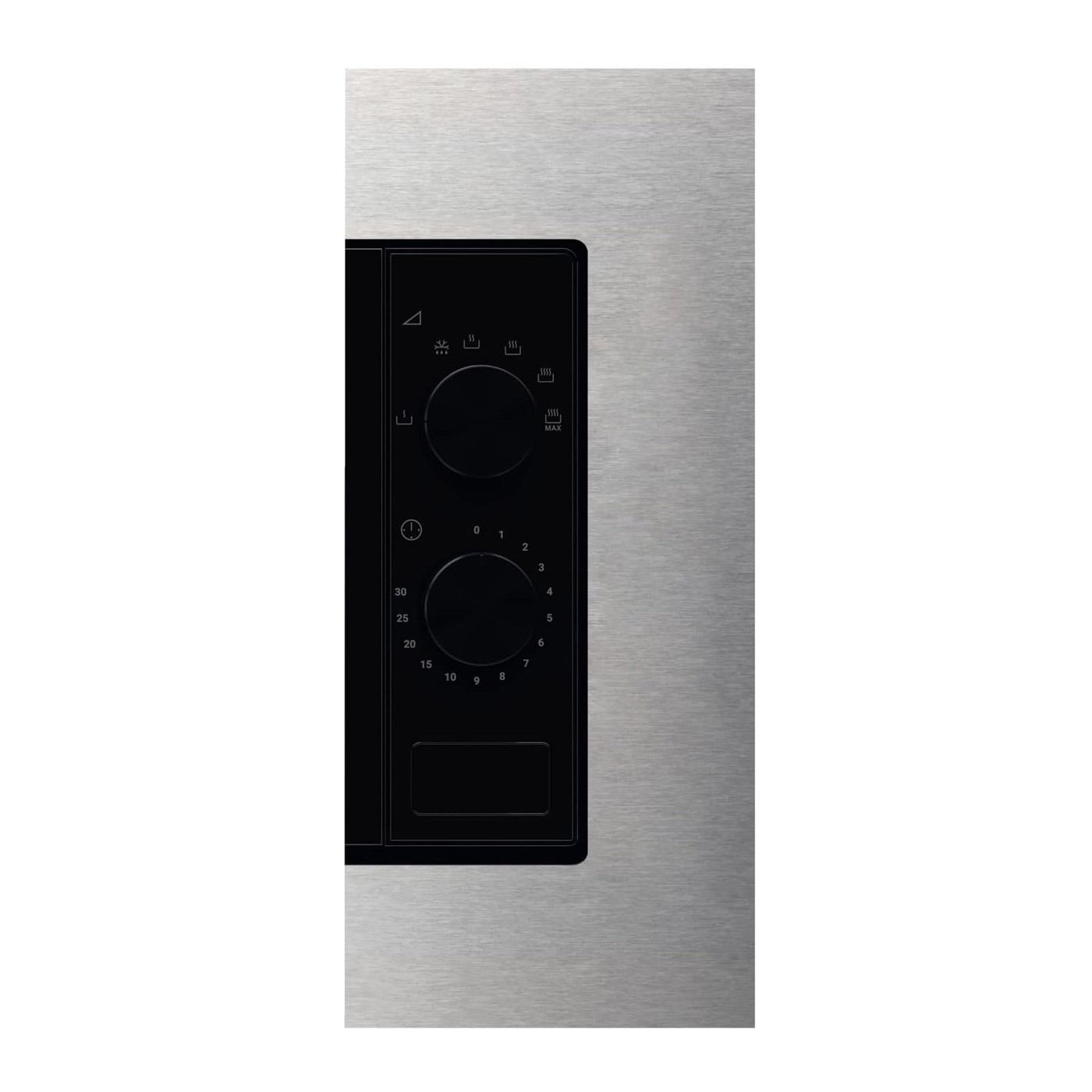 Un horno microondas de acero inoxidable con una puerta negra sobre un fondo blanco.