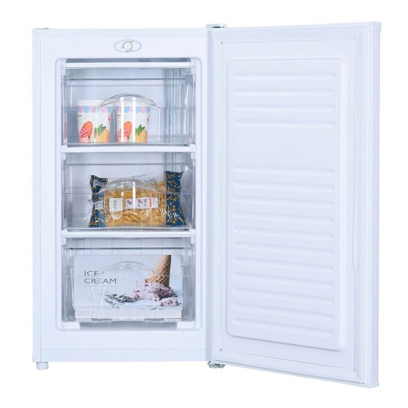 Un pequeño refrigerador blanco con una sola puerta.