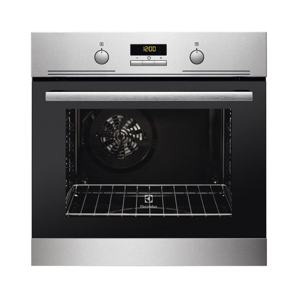 Un horno de acero inoxidable con puerta negra y temporizador.